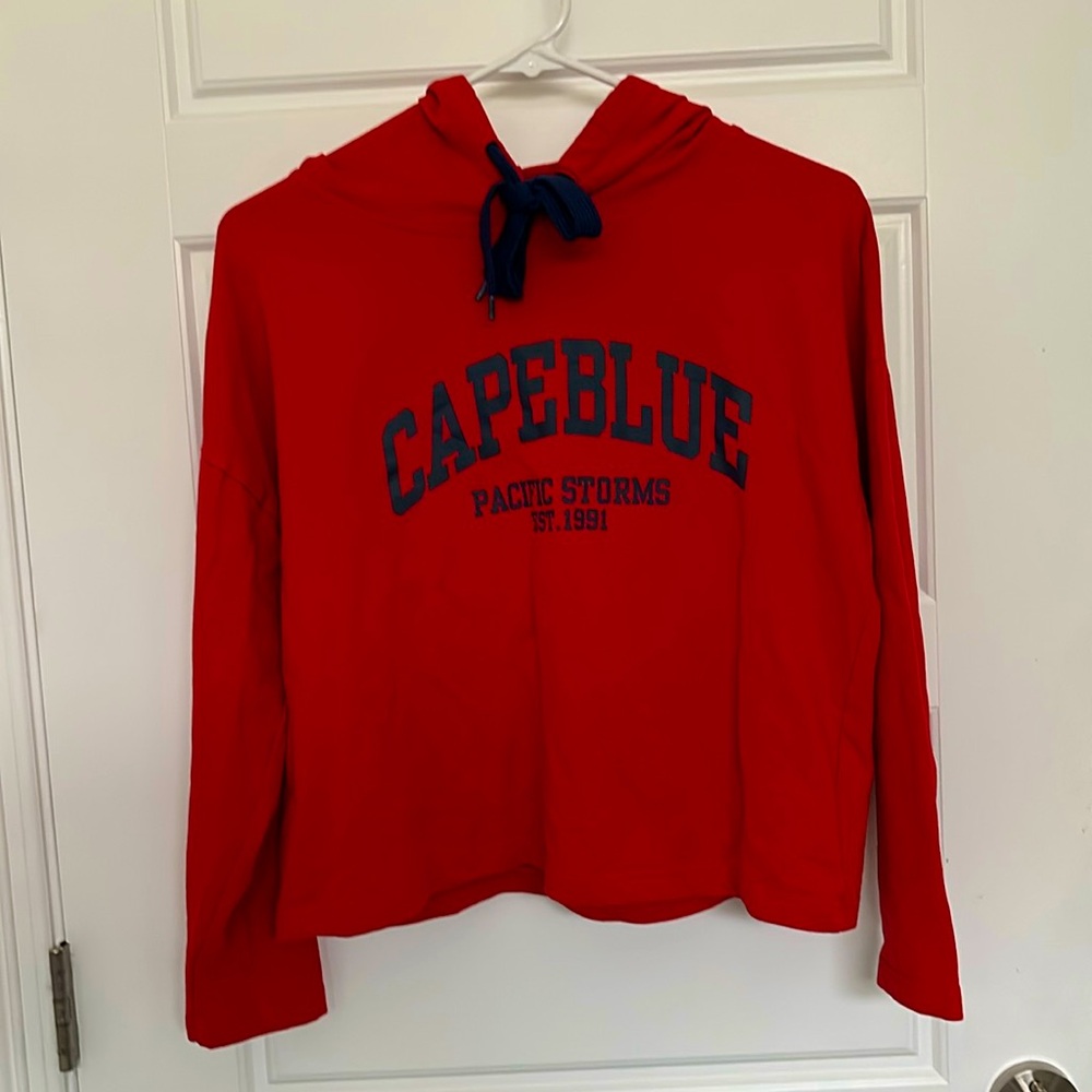 Bright red, cropped hoodie.